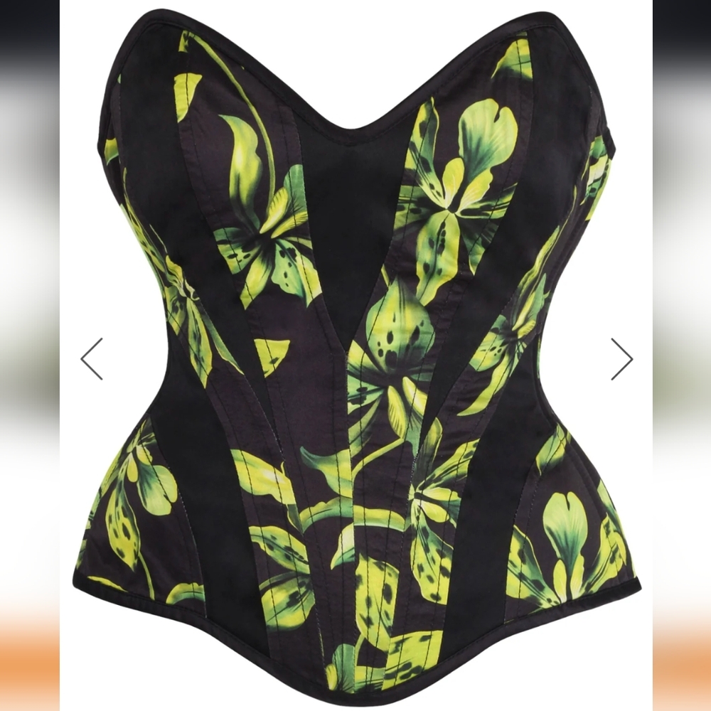 Green and Black Floral Print Overbust Corset